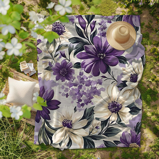 Purple Floral Velveteen Plush Blanket, Cozy Boho Throw, Gift for Her, Mom, Nature-Inspired Blanket, Spring, Summer Home Decor, Flower Lover