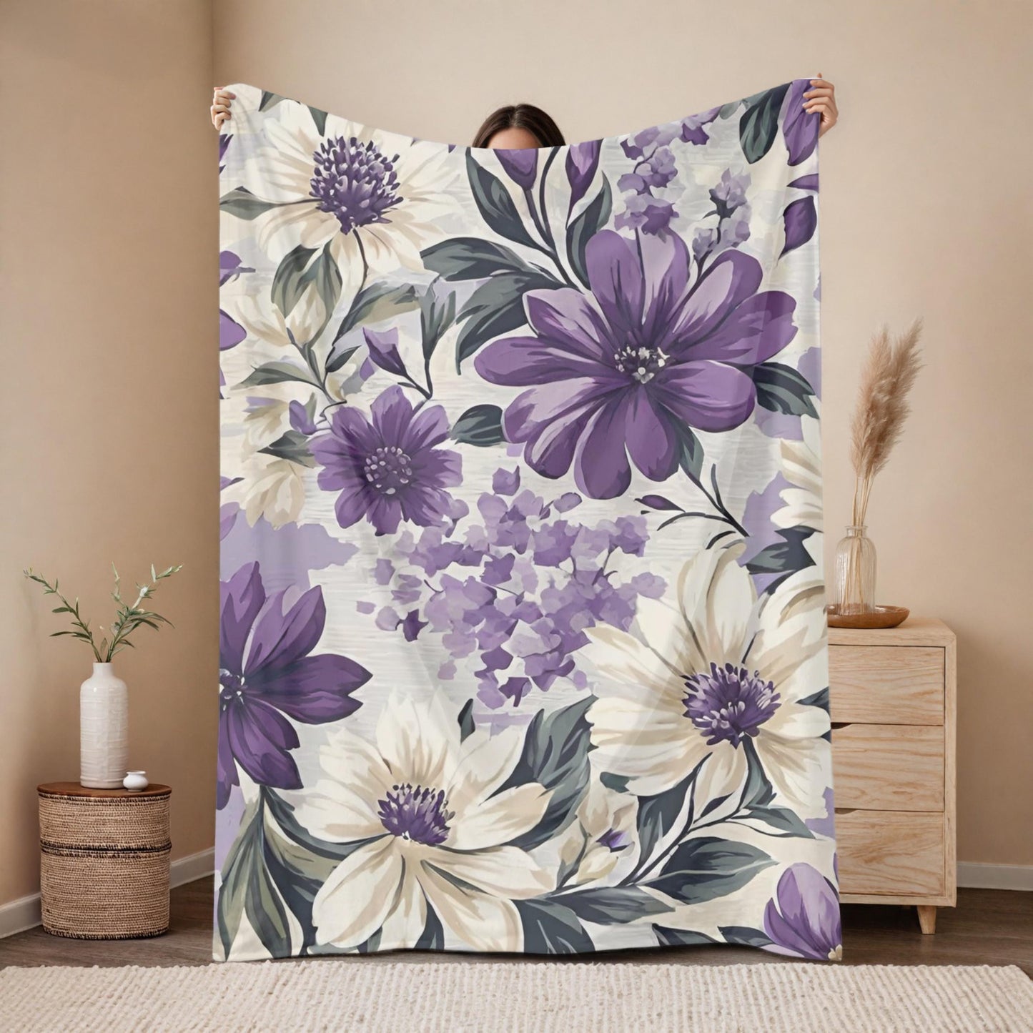 Purple Floral Velveteen Plush Blanket, Cozy Boho Throw, Gift for Her, Mom, Nature-Inspired Blanket, Spring, Summer Home Decor, Flower Lover
