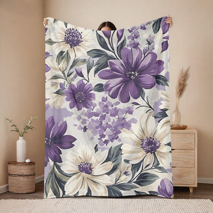 Purple Floral Velveteen Plush Blanket, Cozy Boho Throw, Gift for Her, Mom, Nature-Inspired Blanket, Spring, Summer Home Decor, Flower Lover