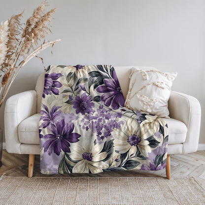 Purple Floral Velveteen Plush Blanket, Cozy Boho Throw, Gift for Her, Mom, Nature-Inspired Blanket, Spring, Summer Home Decor, Flower Lover
