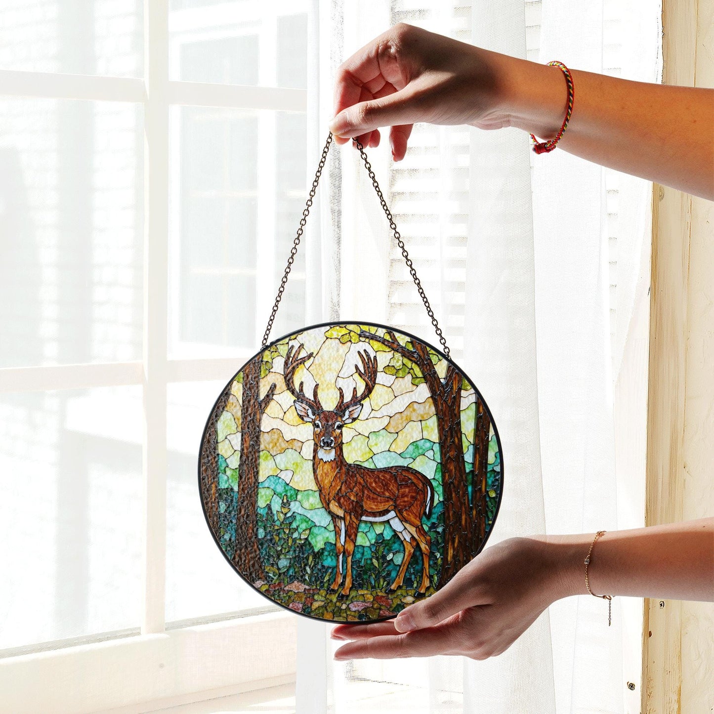 Majestic deer in forest stained glass suncatcher woodland window decor gift for husband