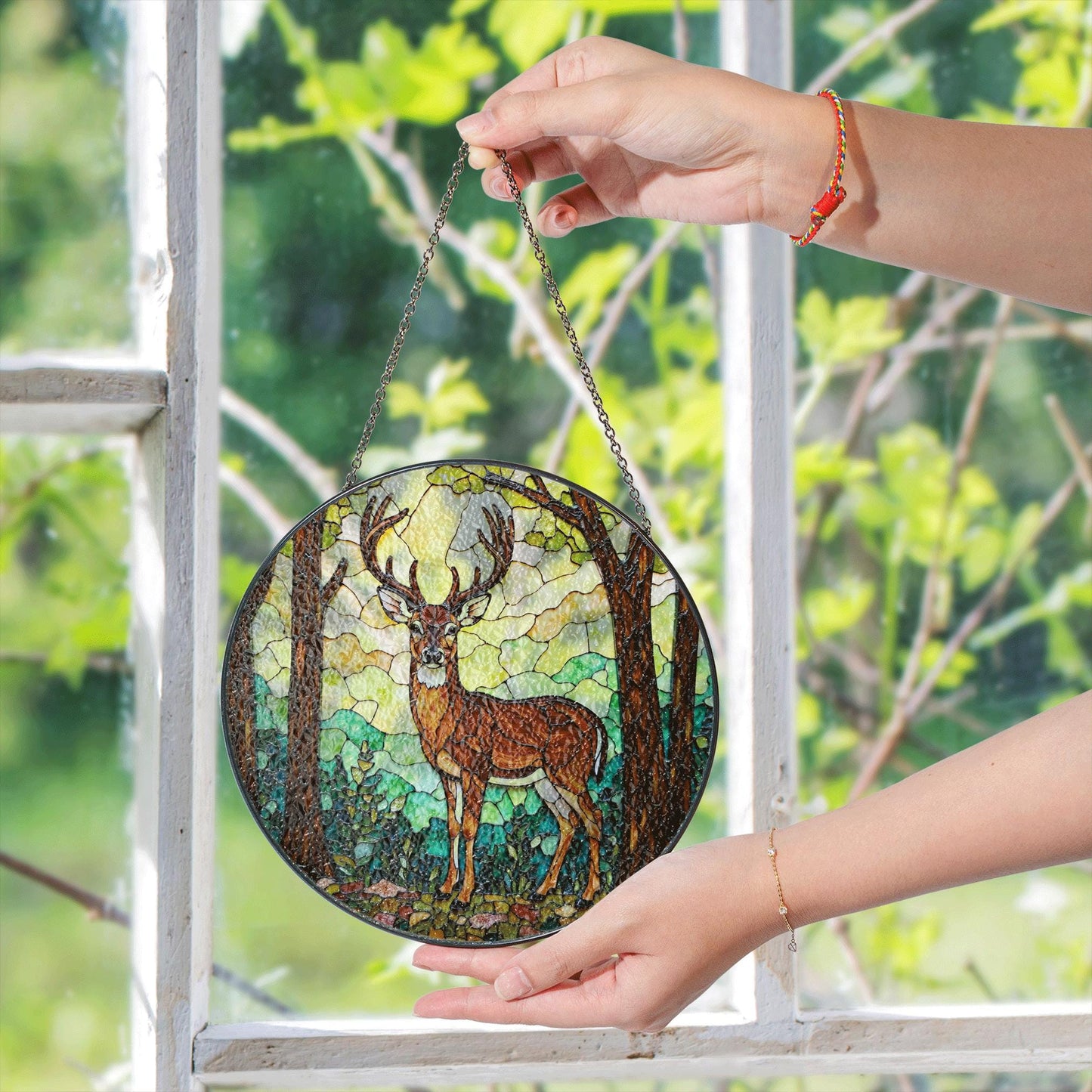 Majestic deer in forest stained glass suncatcher woodland window decor gift for husband