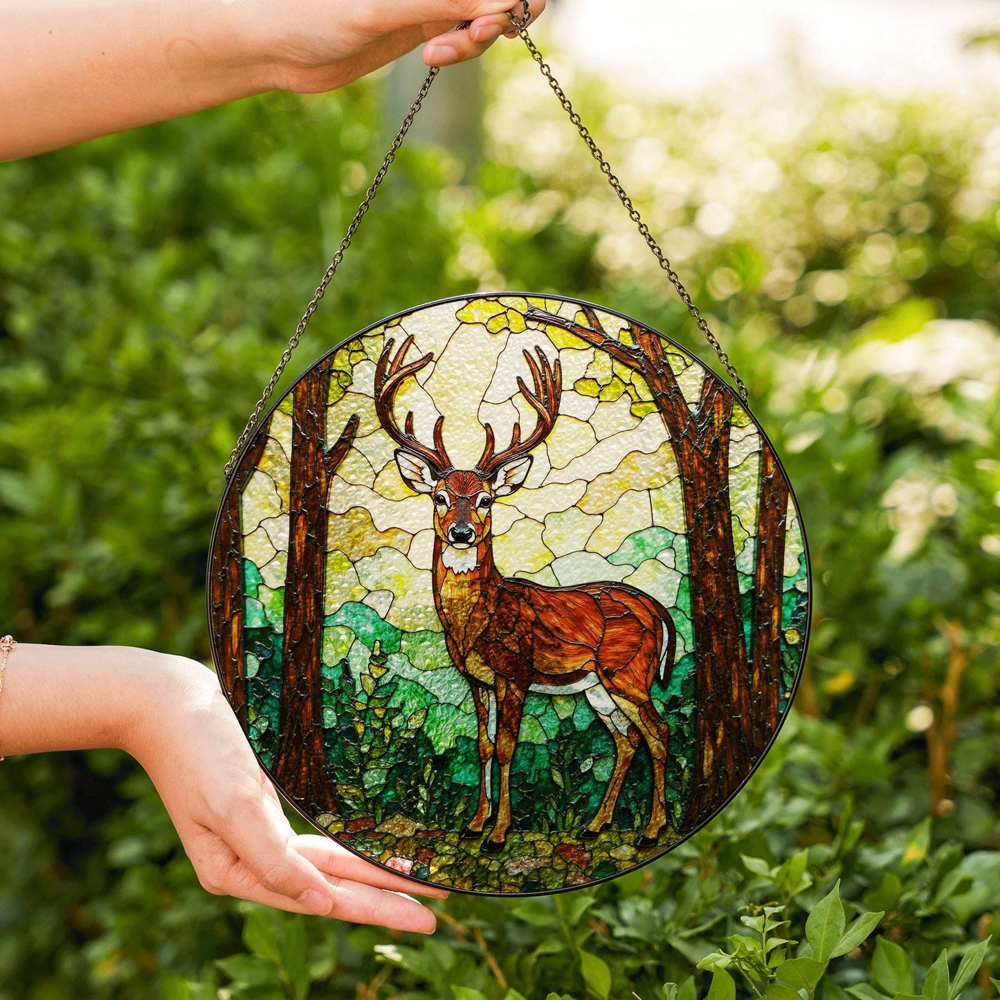 Majestic deer in forest stained glass suncatcher woodland window decor gift for husband