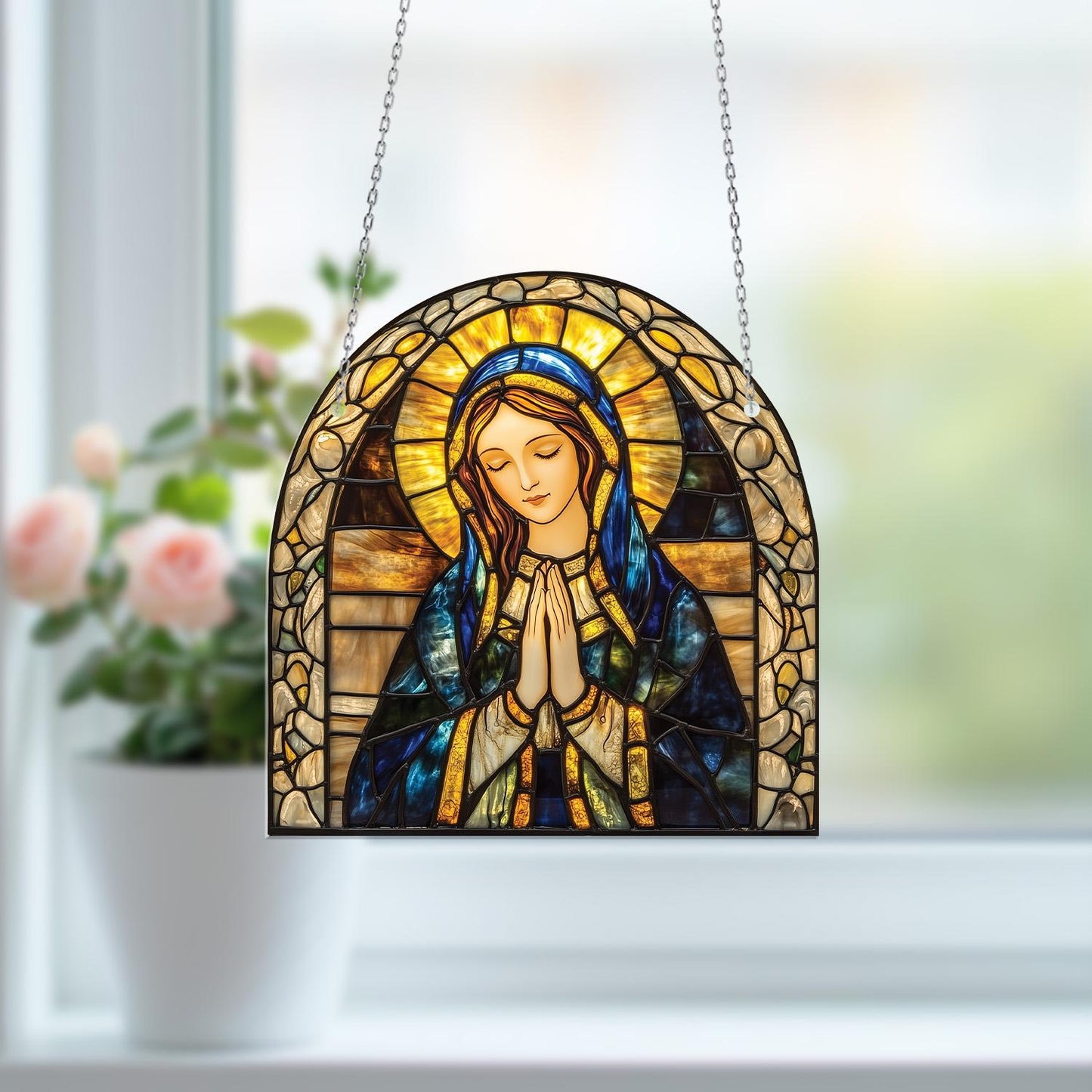 Blessed Virgin Mary Window Hanging for Prayer Room, Catholic Gift for Mom, Religious Home Decor, Christian Faith Room Ornament