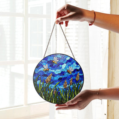 Bees and Wildflowers Blue Stained Glass Suncatcher Window Decor Gift for Nature Lover