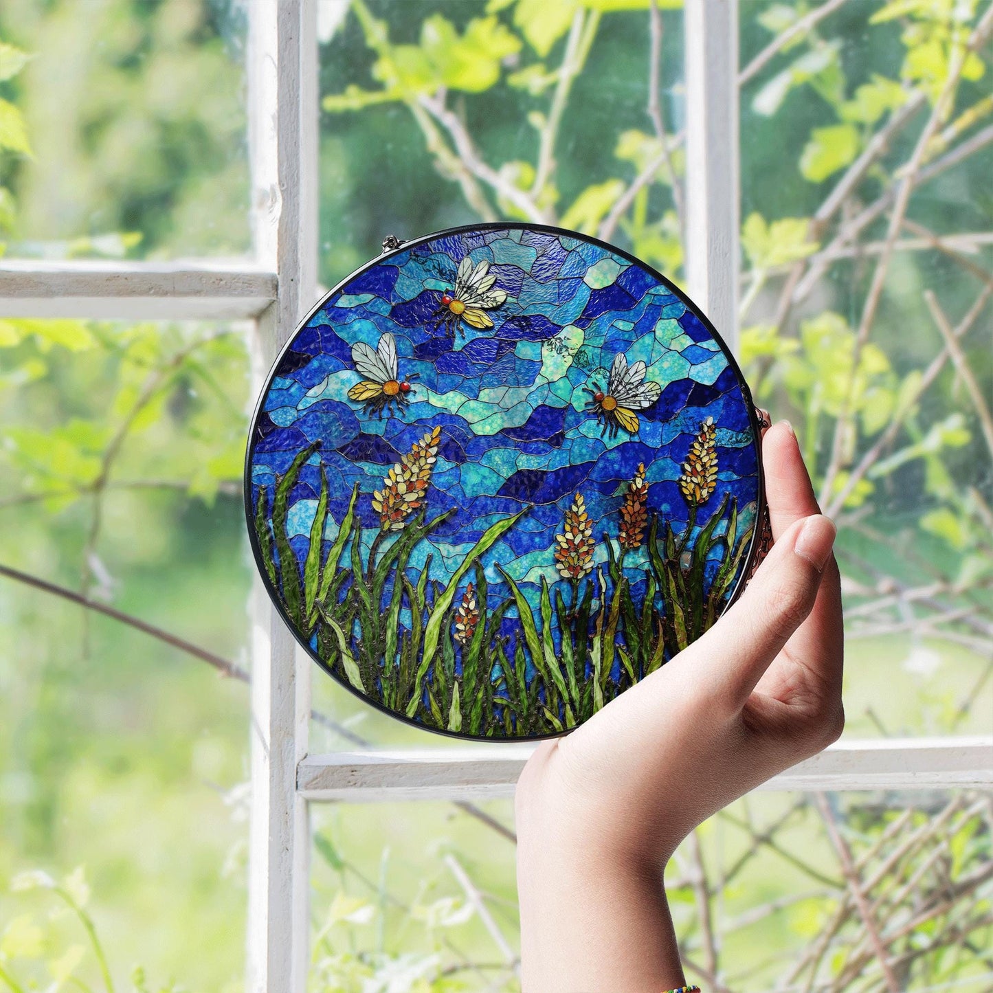 Bees and Wildflowers Blue Stained Glass Suncatcher Window Decor Gift for Nature Lover