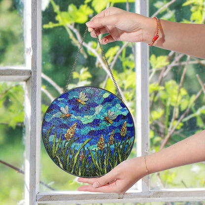 Bees and Wildflowers Blue Stained Glass Suncatcher Window Decor Gift for Nature Lover