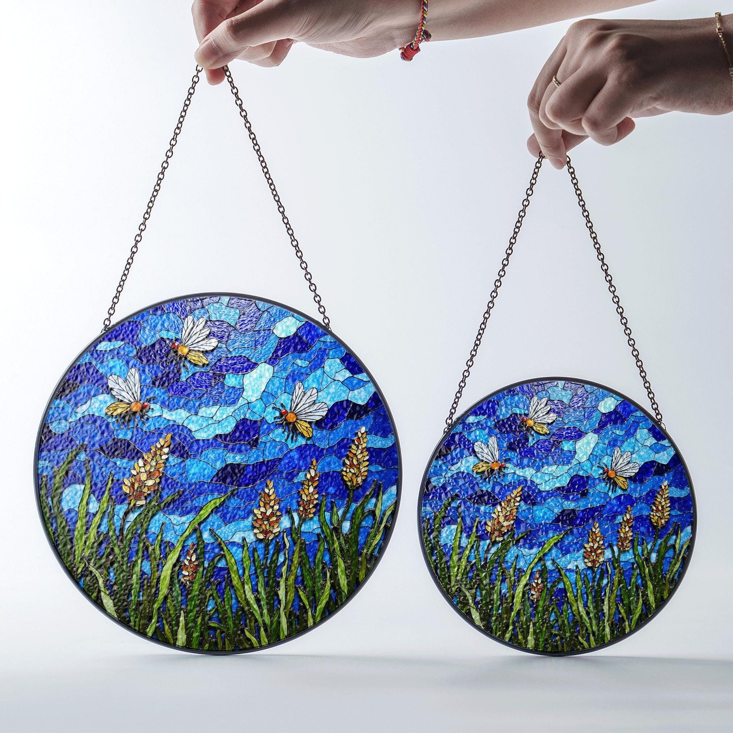 Bees and Wildflowers Blue Stained Glass Suncatcher Window Decor Gift for Nature Lover