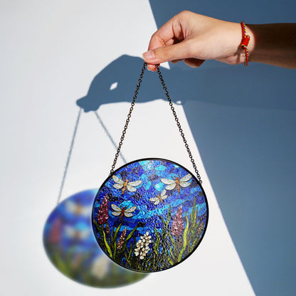 Blue dragonfly stained glass suncatcher with wildflowers summer window decor gift for nature lover