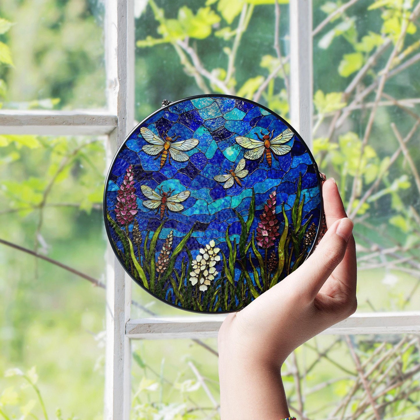 Blue dragonfly stained glass suncatcher with wildflowers summer window decor gift for nature lover