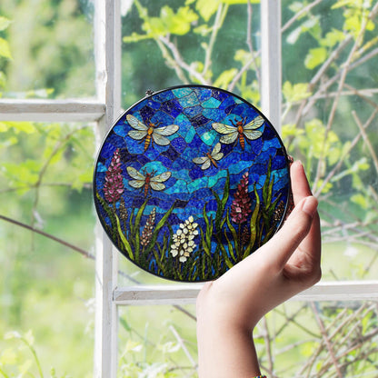 Blue dragonfly stained glass suncatcher with wildflowers summer window decor gift for nature lover