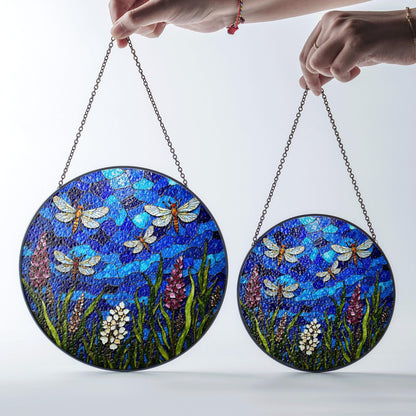 Blue dragonfly stained glass suncatcher with wildflowers summer window decor gift for nature lover