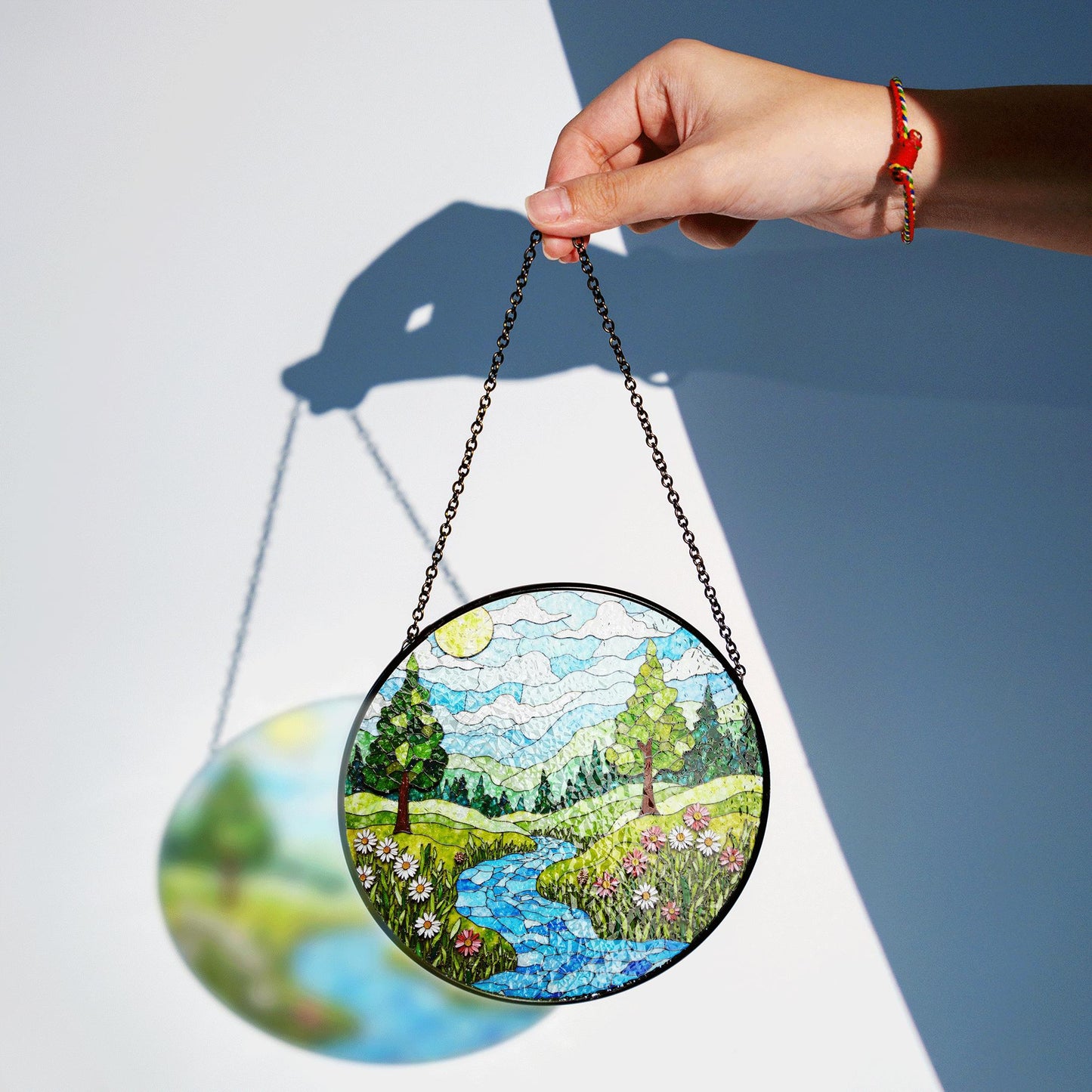 Scenic Forest River Landscape Stained Glass Suncatcher Window Hanging Gift for Nature Lovers