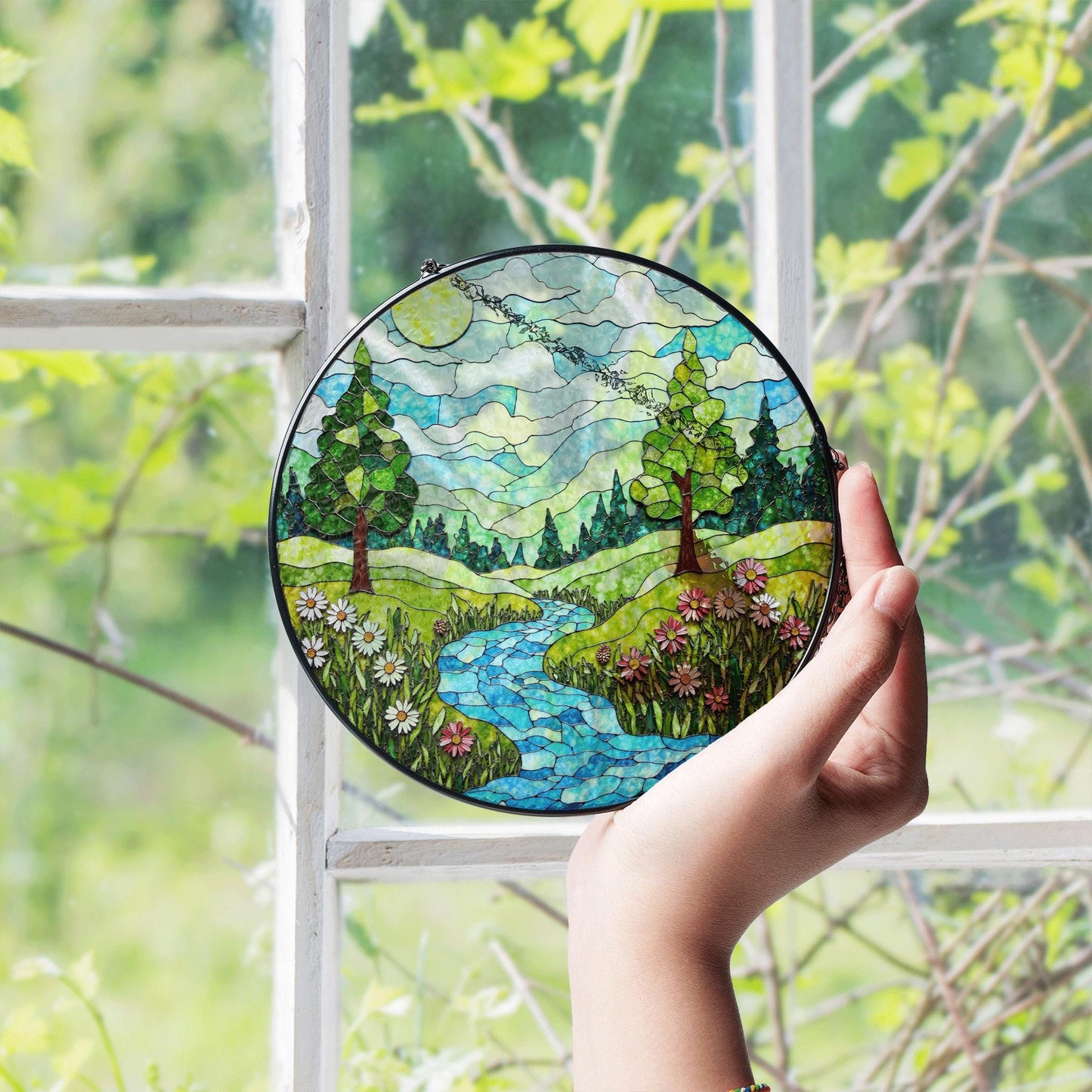 Scenic Forest River Landscape Stained Glass Suncatcher Window Hanging Gift for Nature Lovers