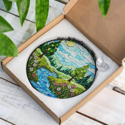 Scenic Forest River Landscape Stained Glass Suncatcher Window Hanging Gift for Nature Lovers