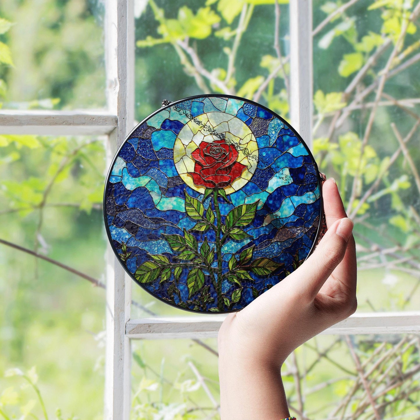 Red Rose with Moonlight Stained Glass Suncatcher Window Decor Gift for Mom