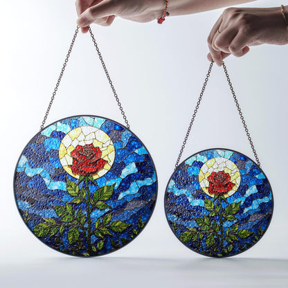 Red Rose with Moonlight Stained Glass Suncatcher Window Decor Gift for Mom