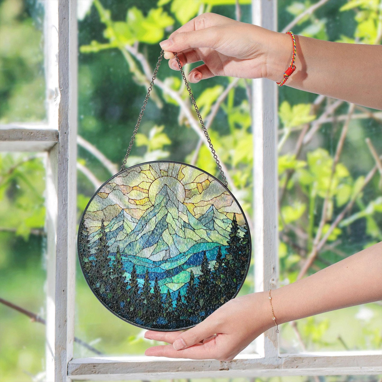 Mountain Sun and Forest Suncatcher Stained Glass Art Gift for Nature Lover