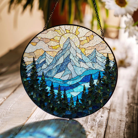 Mountain Sun and Forest Suncatcher Stained Glass Art Gift for Nature Lover