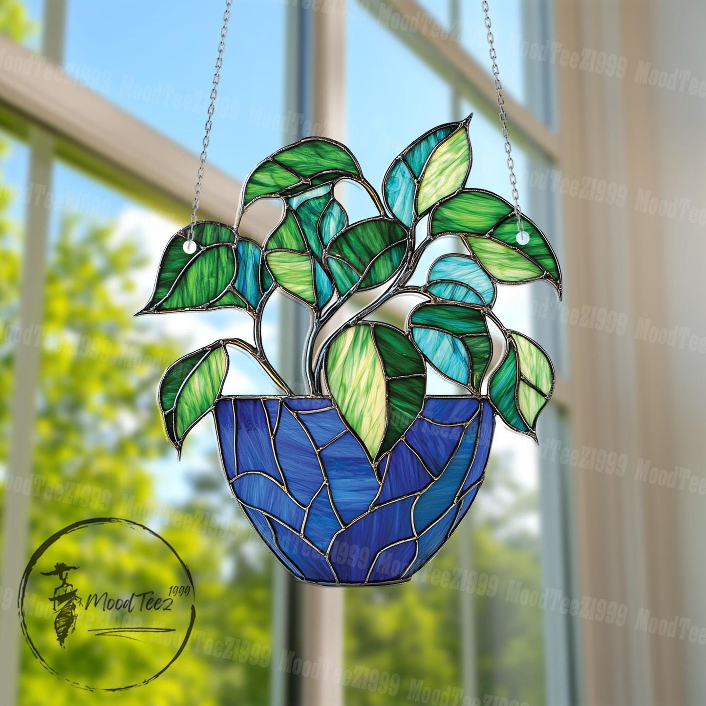 Potted Plant Window Hanging, Handcrafted Leaf Window Decor, Colorful Greenery and Blue Pot, Unique Home Plant Gift