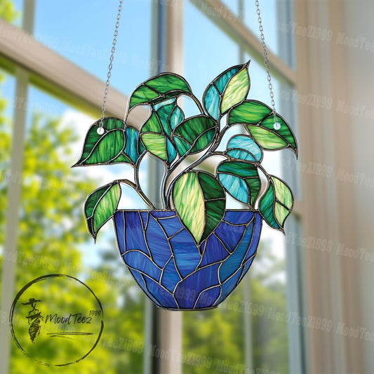 Potted Plant Window Hanging, Handcrafted Leaf Window Decor, Colorful Greenery and Blue Pot, Unique Home Plant Gift