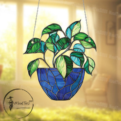 Potted Plant Window Hanging, Handcrafted Leaf Window Decor, Colorful Greenery and Blue Pot, Unique Home Plant Gift
