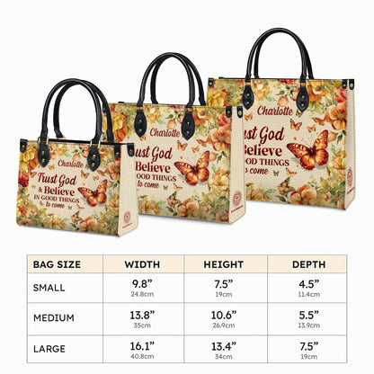 Personalized Leather Handbag Custom Name, Christian Gift, Gifts for Women, Trust God & Believe Floral Bag, Butterfly and Flower Design