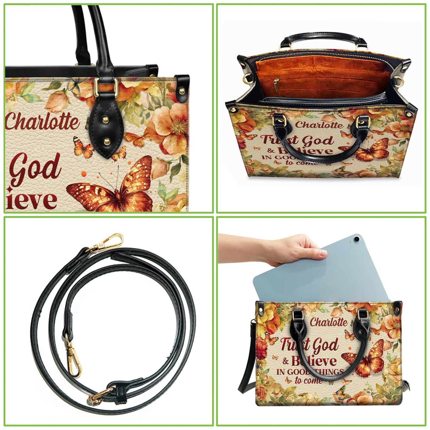 Personalized Leather Handbag Custom Name, Christian Gift, Gifts for Women, Trust God & Believe Floral Bag, Butterfly and Flower Design