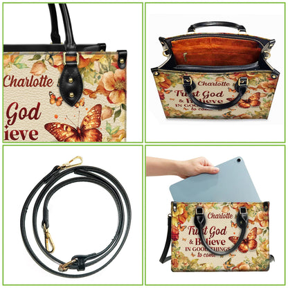 Personalized Leather Handbag Custom Name, Christian Gift, Gifts for Women, Trust God & Believe Floral Bag, Butterfly and Flower Design