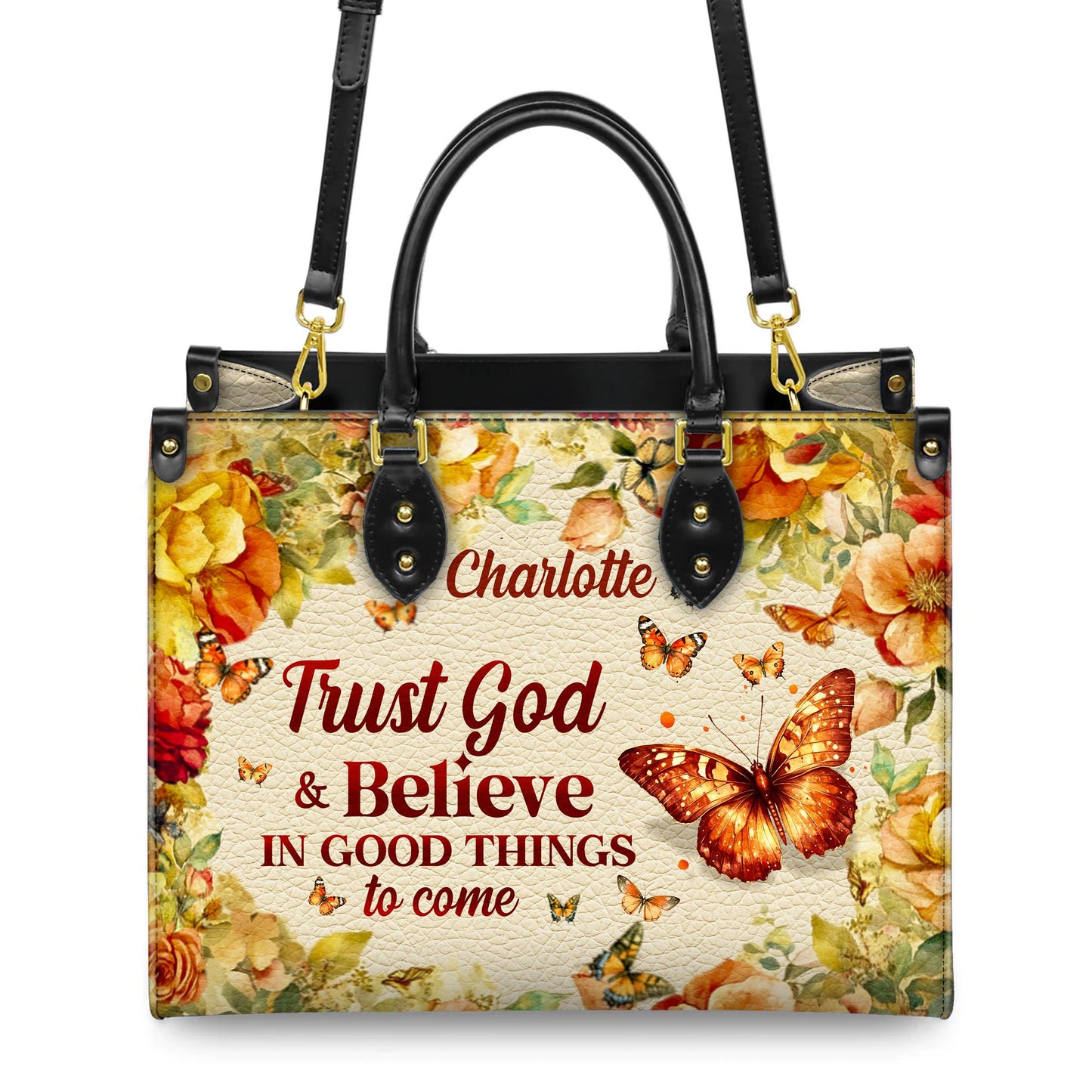 Personalized Leather Handbag Custom Name, Christian Gift, Gifts for Women, Trust God & Believe Floral Bag, Butterfly and Flower Design