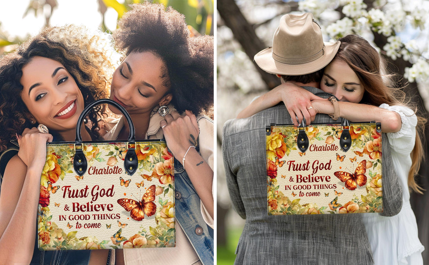 Personalized Leather Handbag Custom Name, Christian Gift, Gifts for Women, Trust God & Believe Floral Bag, Butterfly and Flower Design