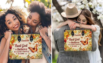 Personalized Leather Handbag Custom Name, Christian Gift, Gifts for Women, Trust God & Believe Floral Bag, Butterfly and Flower Design