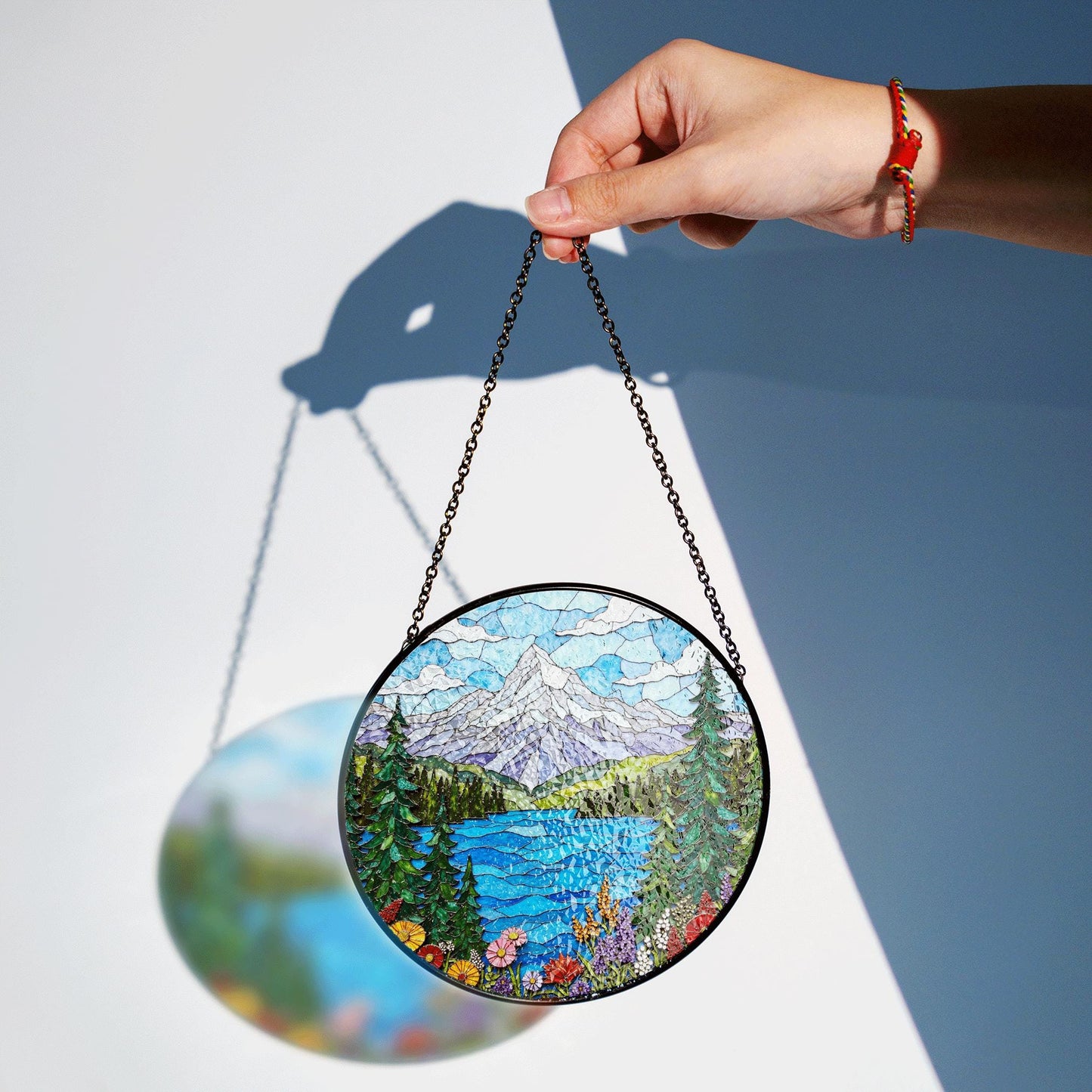 Mountain Lake View Stained Glass Style Suncatcher Nature Scene Art Gift for Hikers and Campers