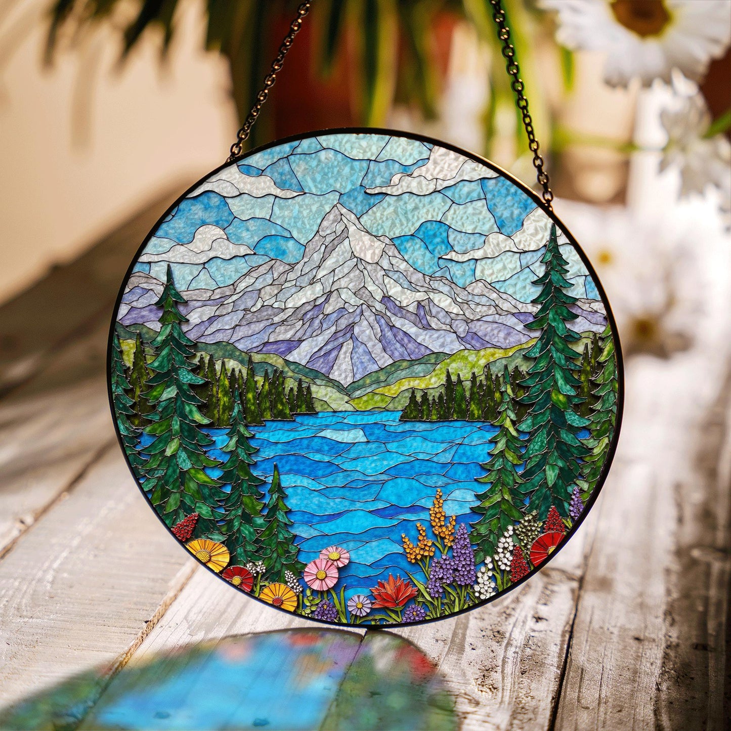 Mountain Lake View Stained Glass Style Suncatcher Nature Scene Art Gift for Hikers and Campers
