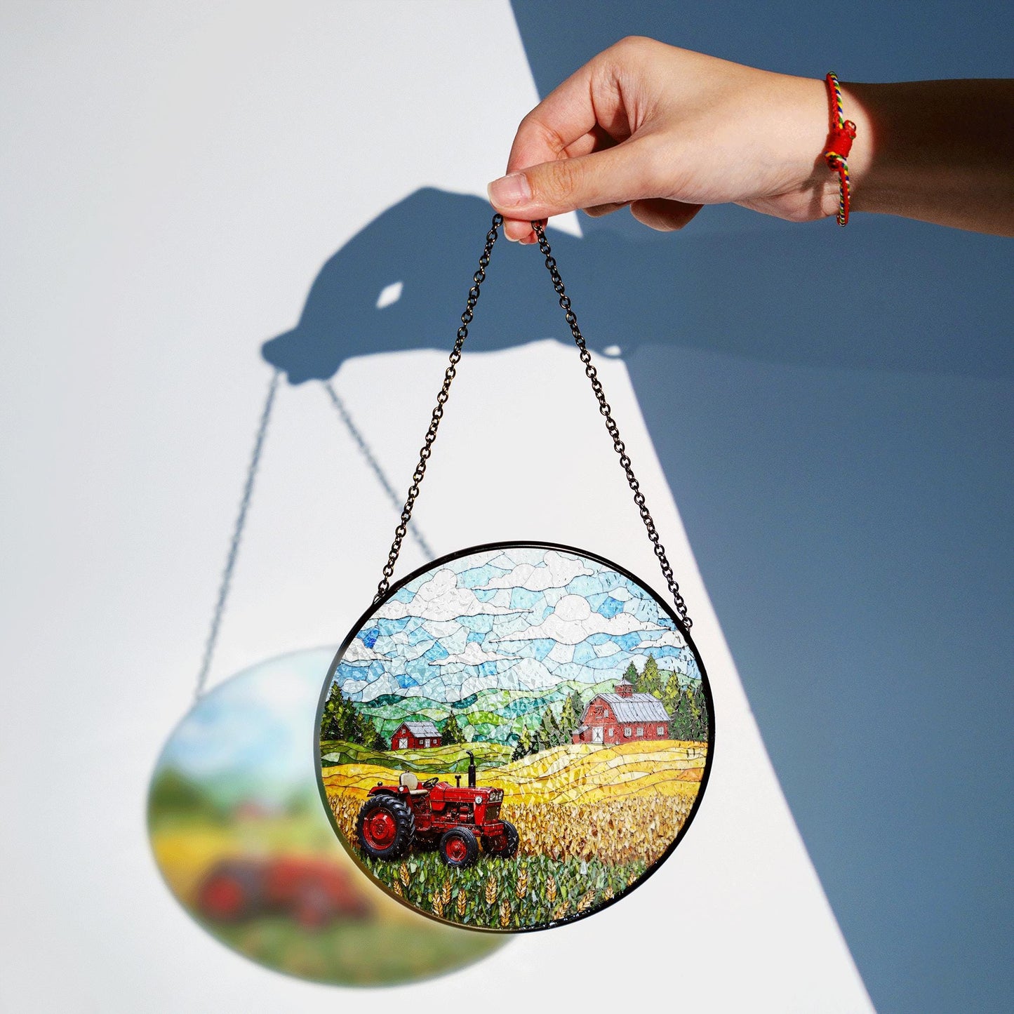 Red Tractor Farm Scene Stained Glass Suncatcher Country Landscape Window Decor Gift Dad