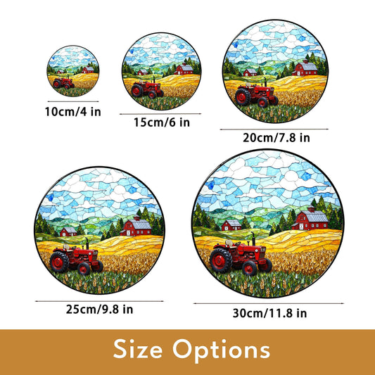 Red Tractor Farm Scene Stained Glass Suncatcher Country Landscape Window Decor Gift Dad