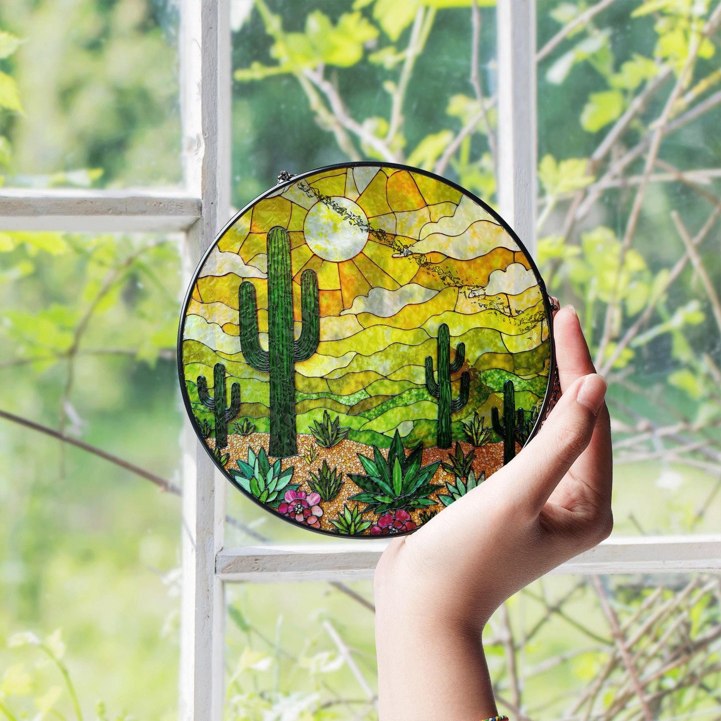 desert cactus landscape suncatcher stained glass window decor gift for plant lover