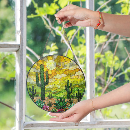 desert cactus landscape suncatcher stained glass window decor gift for plant lover