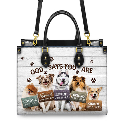 Personalized Leather Handbag Custom Name, Christian Gift, Gifts for Women, God Says You Are Dog Design, Inspirational Bible Verses