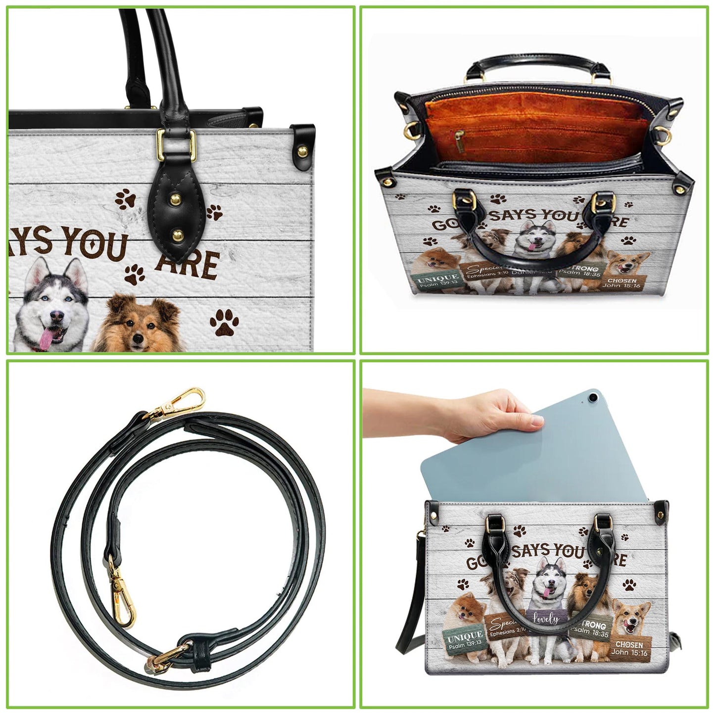 Personalized Leather Handbag Custom Name, Christian Gift, Gifts for Women, God Says You Are Dog Design, Inspirational Bible Verses