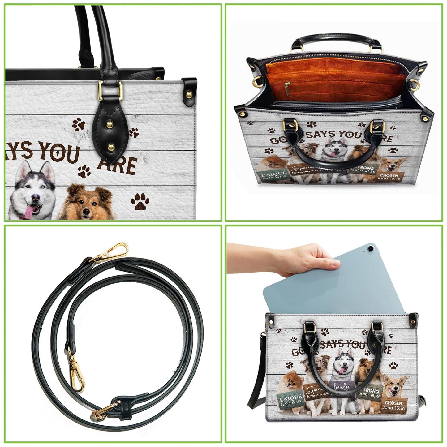 Personalized Leather Handbag Custom Name, Christian Gift, Gifts for Women, God Says You Are Dog Design, Inspirational Bible Verses