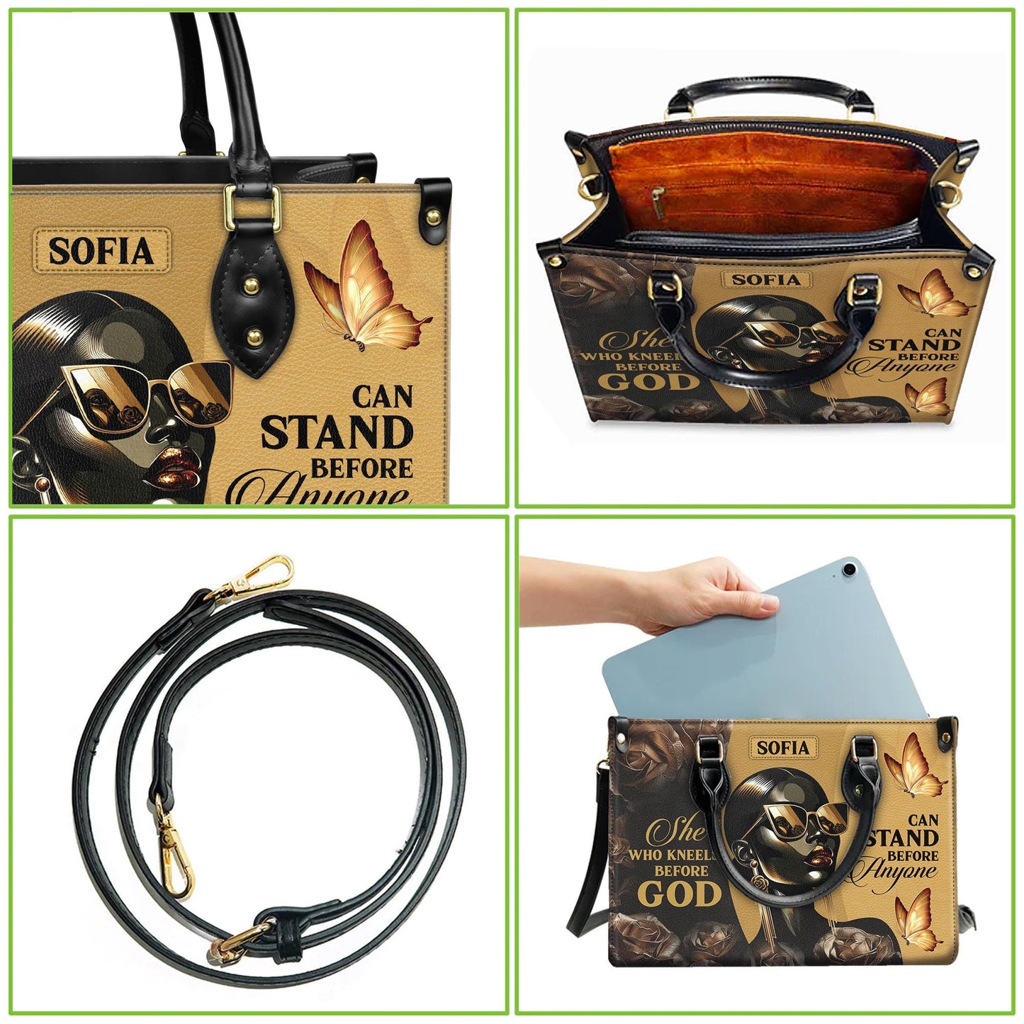 Personalized Leather Handbag Custom Name, Christian Gift, She Who Kneels Before God Stand Before Anyone Bag, Butterfly Design