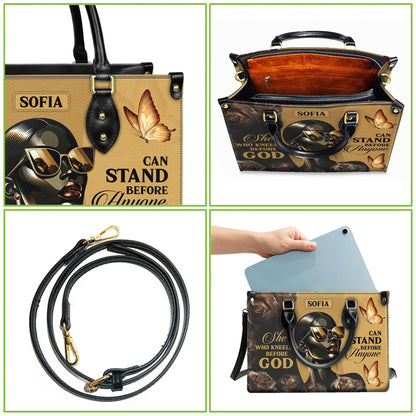 Personalized Leather Handbag Custom Name, Christian Gift, She Who Kneels Before God Stand Before Anyone Bag, Butterfly Design