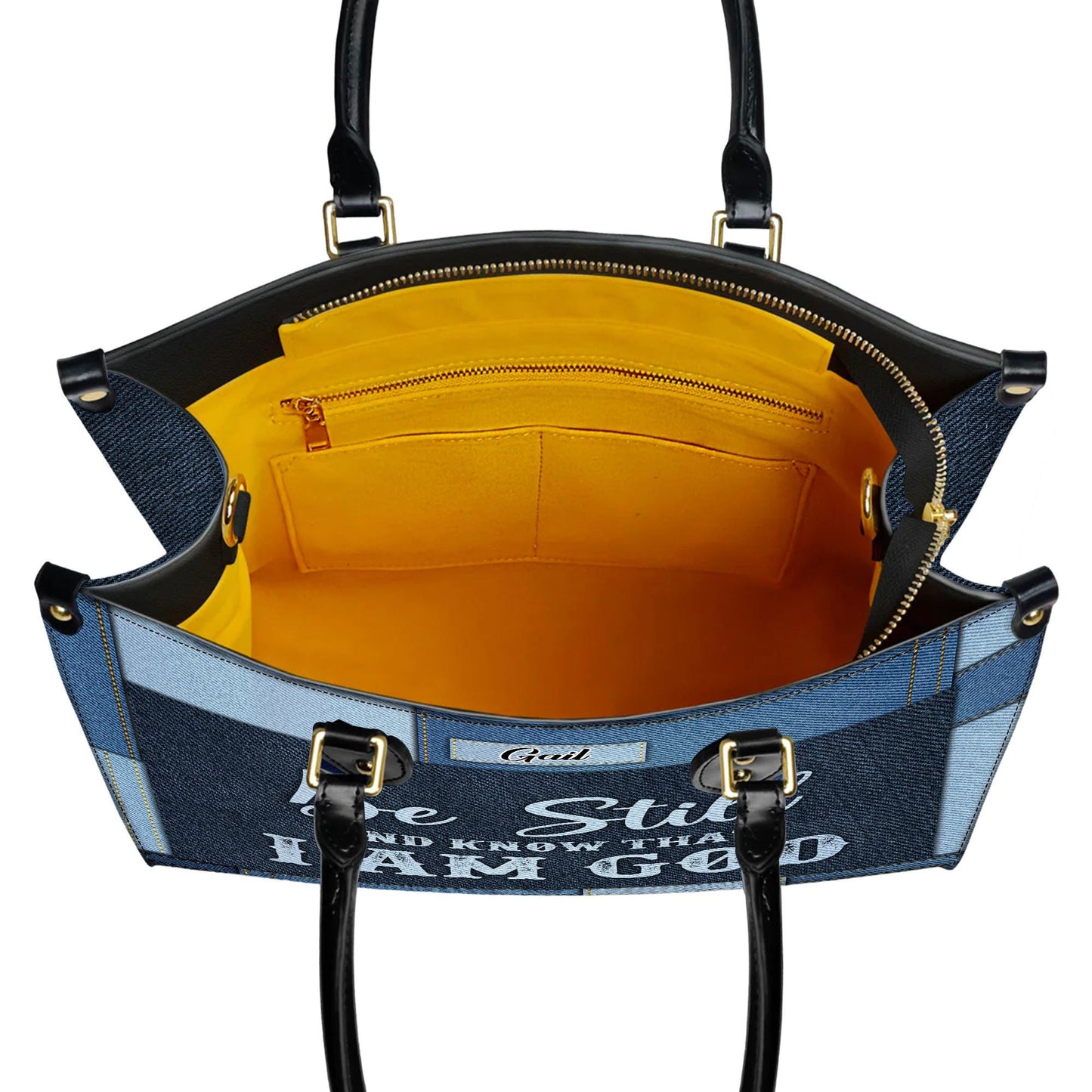 Personalized Leather Handbag Custom Name, Christian Gift, Gifts for Women, Be Still and Know I Am God Denim Bag, Peaceful Message Design