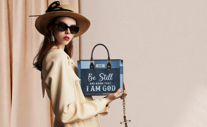 Personalized Leather Handbag Custom Name, Christian Gift, Gifts for Women, Be Still and Know I Am God Denim Bag, Peaceful Message Design