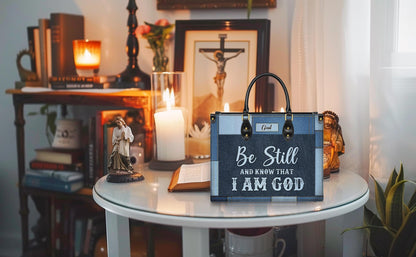 Personalized Leather Handbag Custom Name, Christian Gift, Gifts for Women, Be Still and Know I Am God Denim Bag, Peaceful Message Design