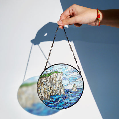 Coastal Cliff Ocean View Stained Glass Suncatcher Handmade Window Art Gift for Nature Lover
