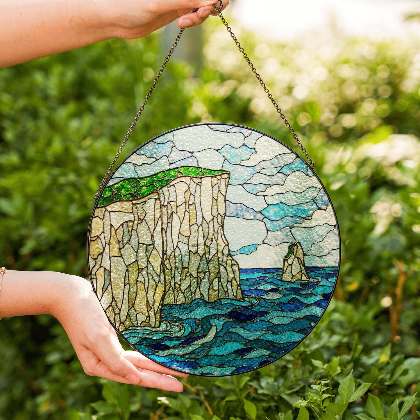 Coastal Cliff Ocean View Stained Glass Suncatcher Handmade Window Art Gift for Nature Lover