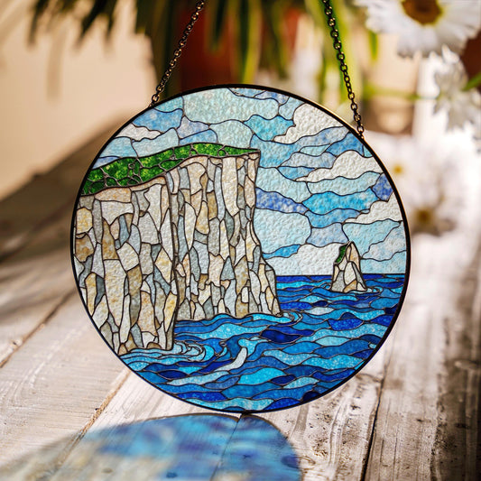 Coastal Cliff Ocean View Stained Glass Suncatcher Handmade Window Art Gift for Nature Lover
