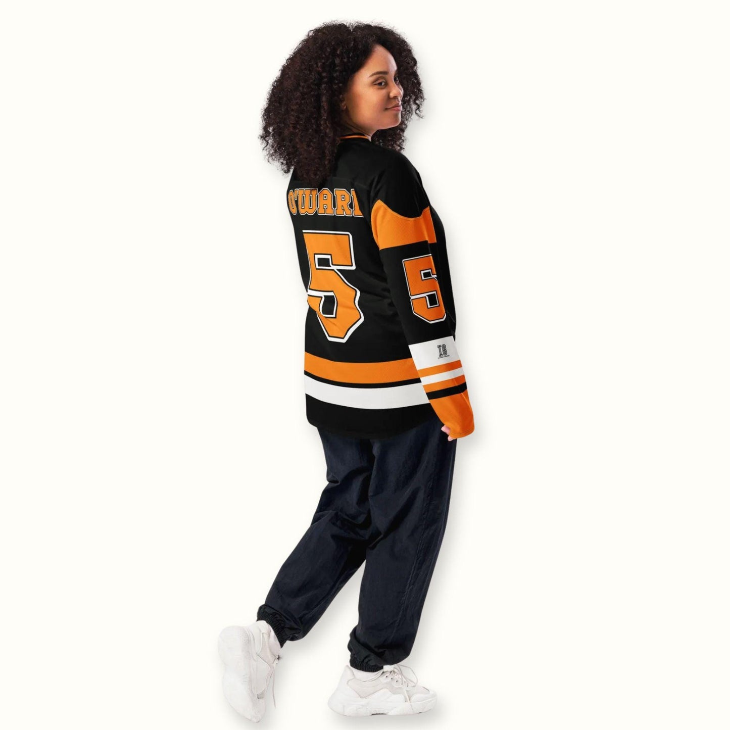 Motorsport-Inspired Unisex Oversized Hockey Jersey – Black and Orange Racing Jersey with Bold Number 5 Design